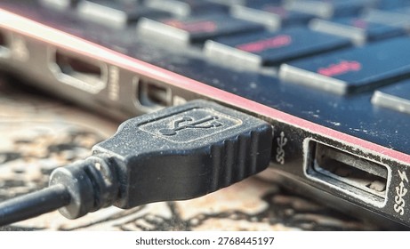Close Up of Dusty USB Cable Plugged into Laptop Port