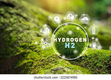 Close up earth on nature background with icon H2 Fuel Modern Manufacturing. Hydrogen green clean ecological energy. Hydrogen Industry Concept.  - Shutterstock ID 2225874985