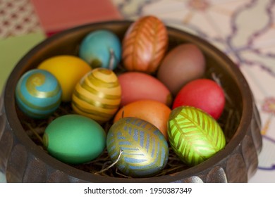 Close Up Of Easter Centerpiece Full Of Colored Eggs, Copy Space