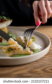 Close Up Of Eating, Hands Only Visible, Female Hands With Pink Manicure