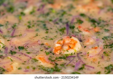 Close Up Of An Ecuadorian Shrimp Ceviche, Esmeraldas Province, Ecuador. Focus On Shrimp.