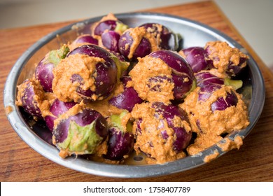 Close Up Of Egg Plant Stuffed With Spices , Brinjal Filled With Masalas 