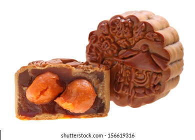 Close Up Of Egg Yolk Mooncakes Isolated On White Background.