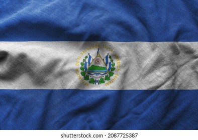 Close Up Of The El Salvador Flag. El Salvador Flag Of Background. Flag Symbols Of Salvadoran.