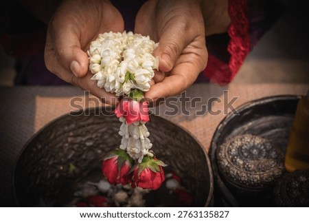 Close up of elderly hands receiving scented water with jasmine garland during Songkran festival. Traditional Thai New Year water blessing ceremony showing respect to elders and Thai culture.
