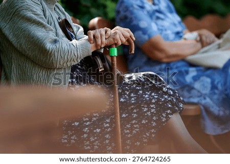 Close up of an elderly woman's hands resting on a wooden walking stick while sitting on a bench outdoors, Poland, Europe.