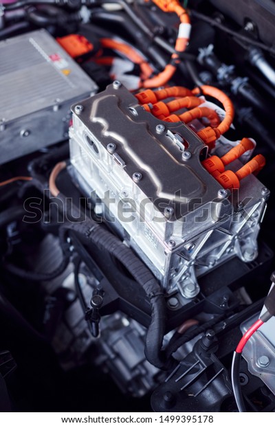 Close Up Of Electric Motor In\
Engine Bay Of Environmentally Friendly Zero Emission Electric\
Car
