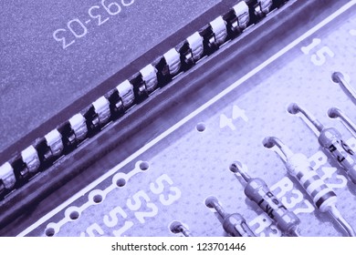 Close up of electronic components on a obsolete printed-circuit board