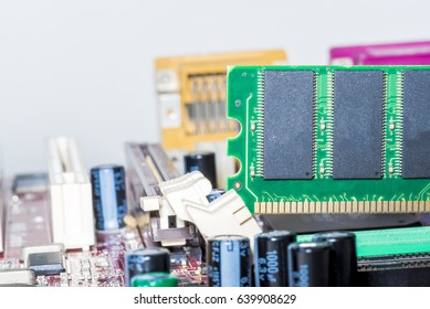 Close up of Electronic Ram(random access memory) on Mainboard computer