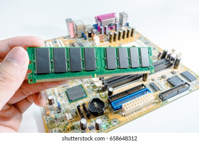 Close up of Electronic Ram(random access memory) on Mainboard computer