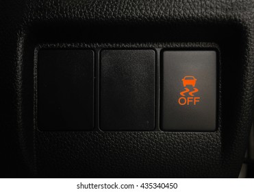 Close Up Of Electronics Stability Control Button Car On Low Light Key, About Car Buttons Control Engine