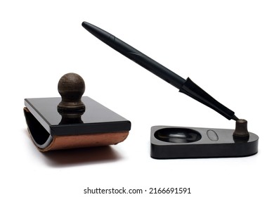 Close Up Of Elegant Black Old Retro Vintage Bakelite Desk Set Office Tools With Fountain Pen Nib Holder And Blotter Rocker For Ink Drying On White Background