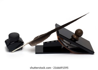 Close Up Of Elegant Desk Set With Several Bakelite Office Items Like Tray Inkwell Ink Pen Pen Holder And Rocker For Ink Drying On White Background