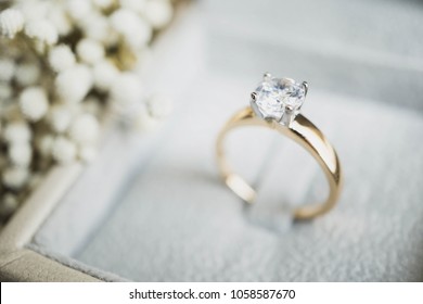 Close up of elegant diamond ring in the box with white flower background. soft and selective focus.love and wedding concept.