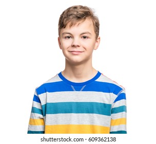 Close Up Emotional Portrait Of Caucasian Smiling Teen Boy. Head Shot Of Handsome Guy. Funny Cut Teenager, Isolated On White Background. Child Looking At Camera.