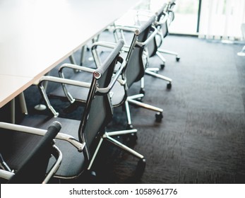 Close Up Empty Chairs And Table In The Conference Room With Sunlight In The Morning