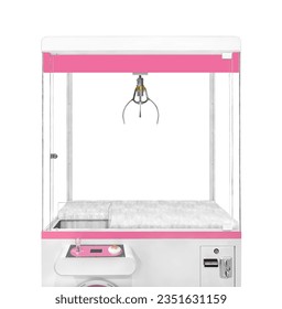 Close up empty large white claw machine decorated with pastel pink isolated on white background - Shutterstock ID 2351631159
