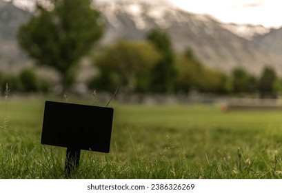 Close Up Empty Plot Black Blank Rectangle Small Sign Cemetery Park Mountain Landscape