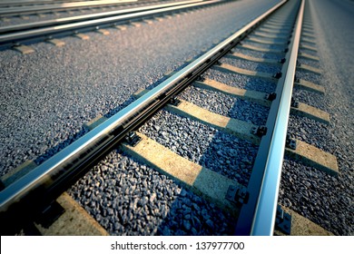 Close Up Of Empty Straight Railroad Track. Perspective View.