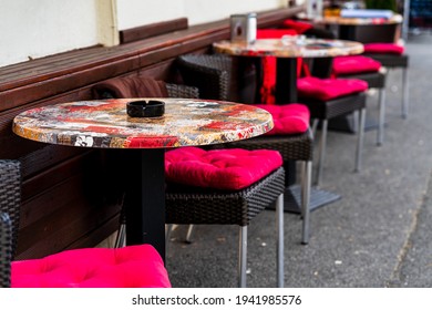 Close Up Of An Empty Tables With Empty Chairs At A Local Outdoor Resturant In Bucharest, Romania, 2021