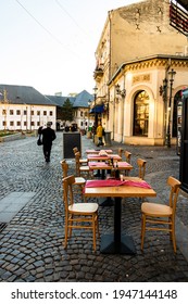 Close Up Of An Empty Tables With Empty Chairs At A Local Outdoor Resturant In Bucharest, Romania, 2021