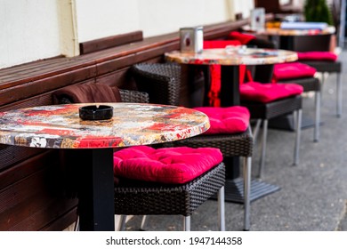 Close Up Of An Empty Tables With Empty Chairs At A Local Outdoor Resturant In Bucharest, Romania, 2021