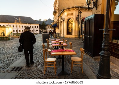 Close Up Of An Empty Tables With Empty Chairs At A Local Outdoor Resturant In Bucharest, Romania, 2021