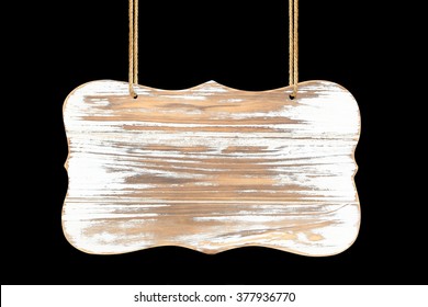 Close Up Of An Empty Wooden Sign Hanging On A Rope On Black Background