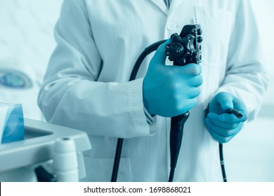 Close up of an endoscope in hands of a medical worker stock photo