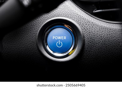 Close up engine car start button. Start stop engine modern new car button,Makes it easy to turn your auto mobile on and off. a key fob unique ,selective focus