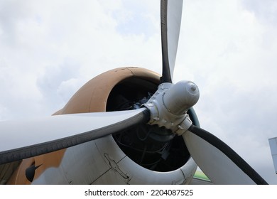 Close Up Engine And Propeller Of Vintage Plane.