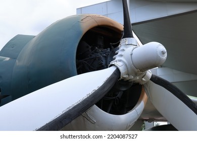 Close Up Engine And Propeller Of Vintage Plane.