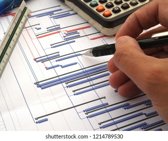 close up of engineer working on time chart diagram, construction project gantt diagram - Shutterstock ID 1214789530