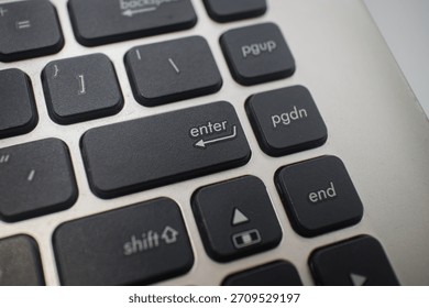 Close up of the enter, shift and other keys on a laptop keyboard, showing the details of the keys and the design of the modern electronic device.