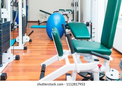 Close Up Equipment For Rehabilitation In Interior Of Physiotherapy Clinic. Physical Therapy Center. Selective Focus, Copy Space