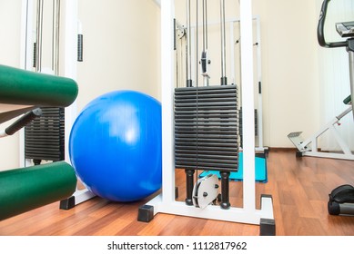 Close Up Equipment For Rehabilitation In Interior Of Physiotherapy Clinic. Physical Therapy Center. Selective Focus, Copy Space