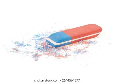 Close up of eraser and eraser scrap isolated on a white background. Rubber eraser for ink pen and pencil.