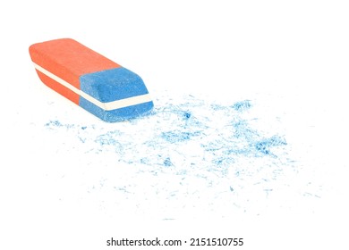 Close up of eraser and eraser scrap isolated on a white background. Rubber eraser for ink pen and pencil.
