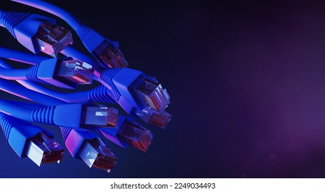 close up of ethernet cables on dark background with blue and red neon lighting. concept of connectivity, internet and technology. 3d render - Shutterstock ID 2249034493