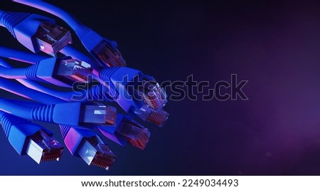 close up of ethernet cables on dark background with blue and red neon lighting. concept of connectivity, internet and technology. 3d render