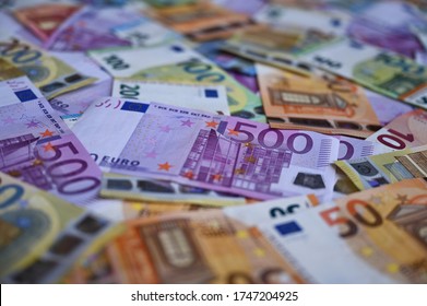 Close up of Euro money bills (cash in 20, 50, 100, 200 500 € bank notes)
