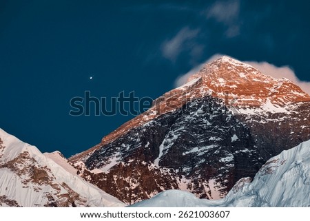 Close up Evening colored view of Mount Everest. Khumbu valley, Solukhumbu, Sagarmatha national park, Nepal