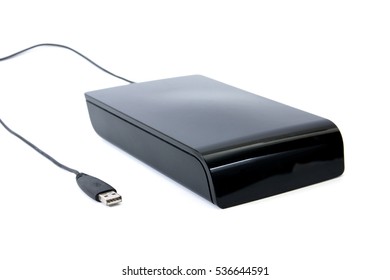 Close up External Hard Disk black color isolate on white background.Big old external hard drive isolated