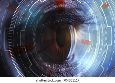 Close up of eye with abstract digital pattern. ID concept. Double exposure 