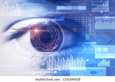 Close up of eye with digital business interface. Biometrics, id and future concept. Double exposure 