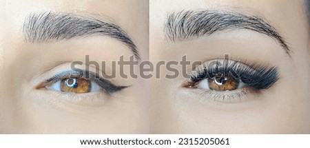 close up of eye with eyelash extensions in beauty salon collage before and after treatment 
