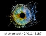 Close up of eye iris on black background, macro, photography