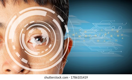 Close up of eye in process of scanning technology digital information.