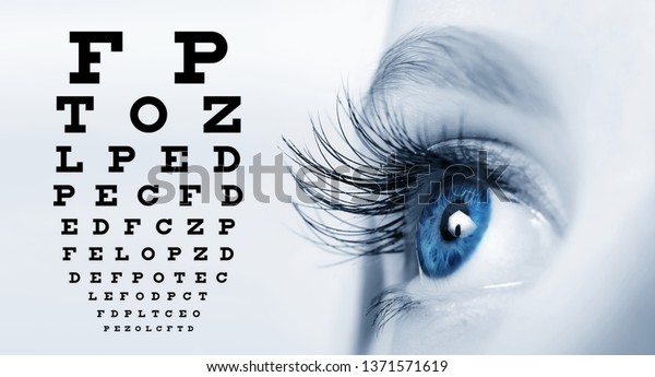 Close up of an eye and\
vision test chart