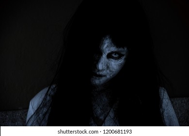 Close Up Face Of Horror Woman Ghost Cruel Halloween Day Concept Close Up Face Of Horror Woman Ghost Cruel Halloween Day Concept